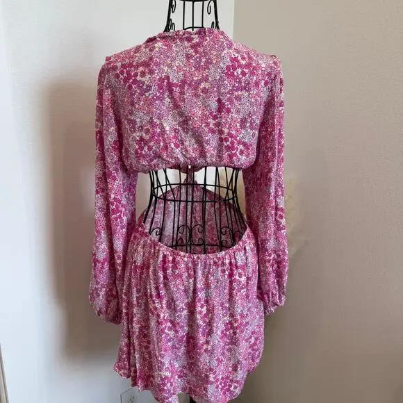 Sky to Moon Pink Floral Long Sleeve Cut Out Dress Medium- cottage, romantic